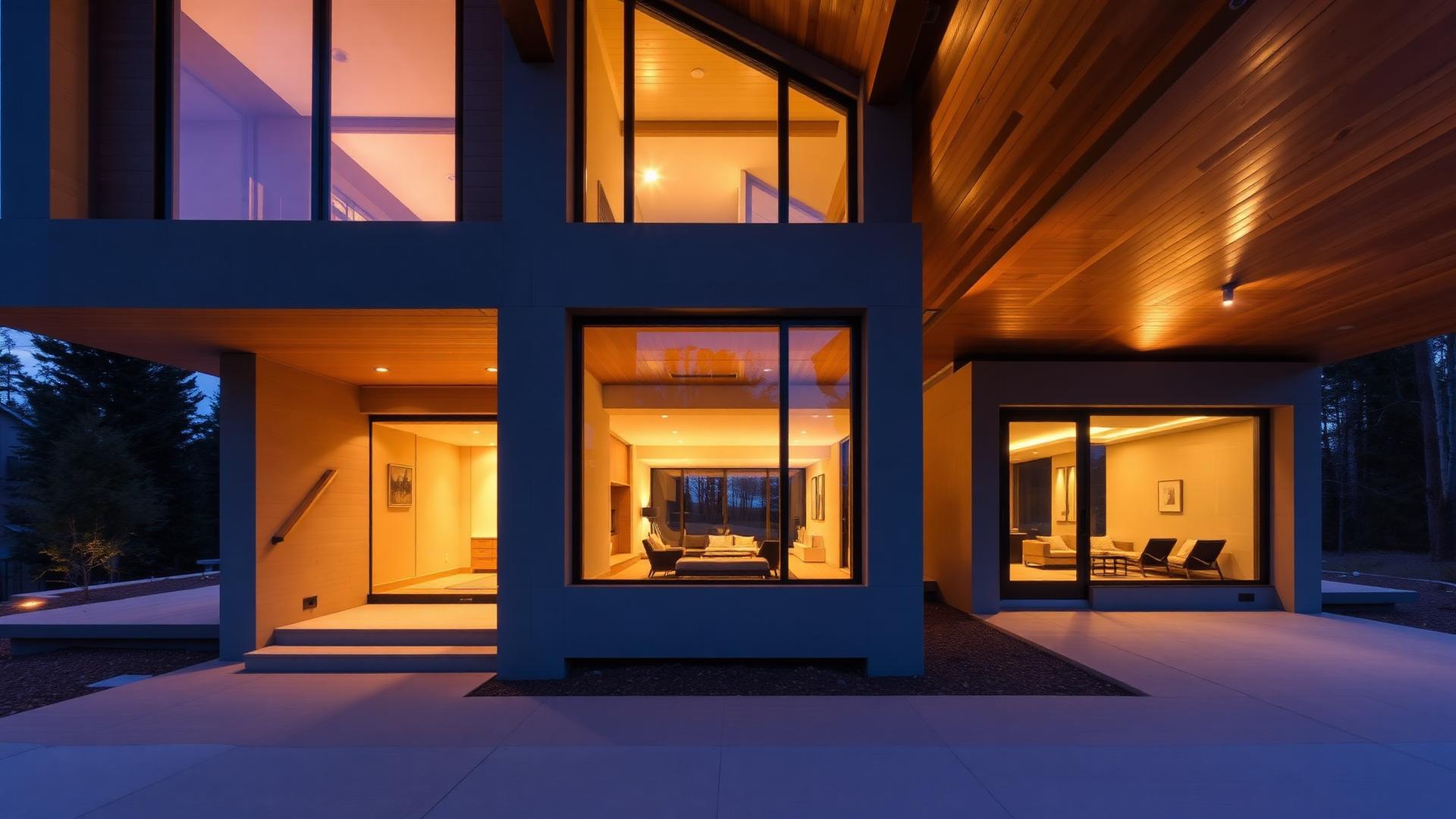 Modern concrete and wood residence at dusk, the Harrison Estate in Cypress, TX